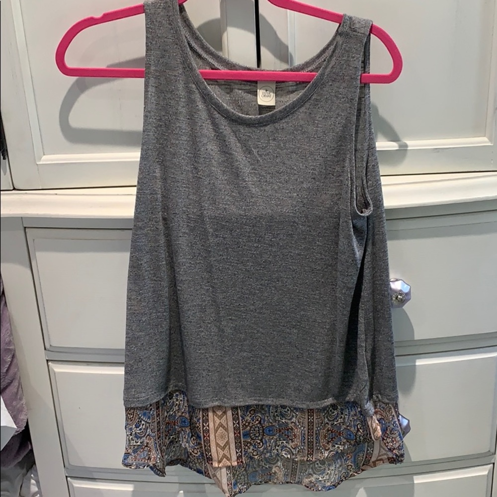Grey flowy tank top with patterned trim